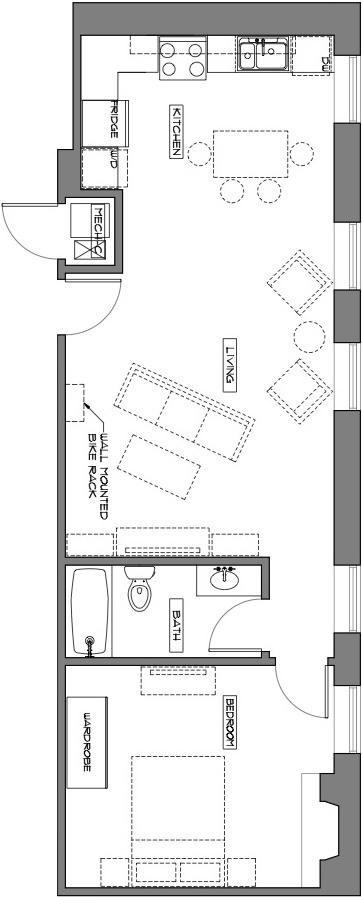 Floor plan for 1 bed, 1 bath, 667 sqft
